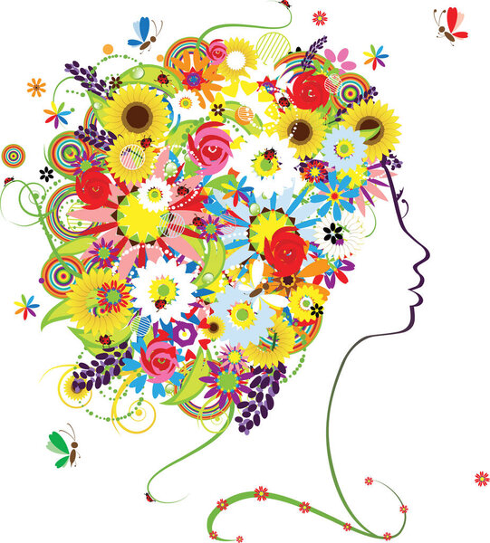 abstract human brain with colorful flowers. vector illustration.