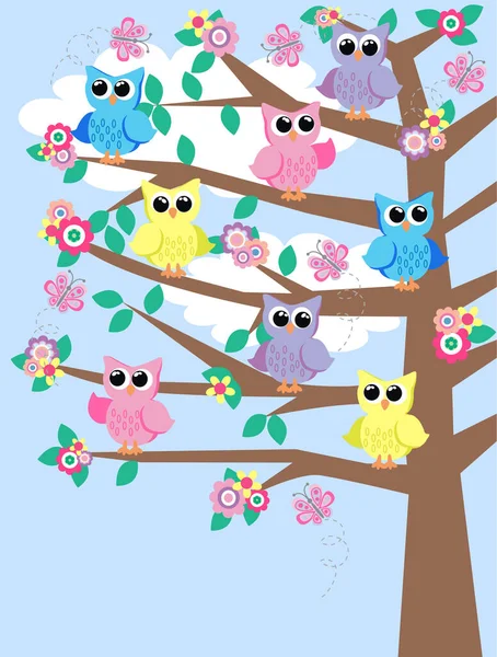 木の枝にかわいいフクロウのイラスト — ストックベクタ