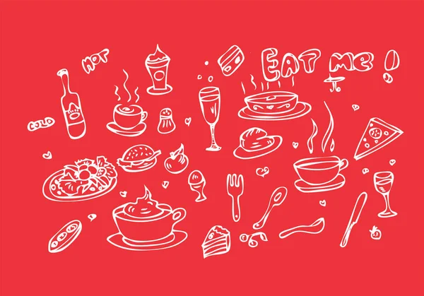 vector illustration of various food and drink icons arranged on a red background