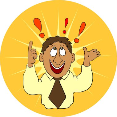 Elinde büyük bir fikrin işareti olan mutlu bir adam..