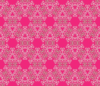 Pembe arka planda yaprakları ve girdapları olan kusursuz ve zarif bir barok desen.