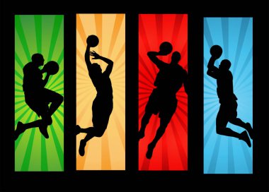 Erkek ve basketbol oyuncularının vektör siluetleri iş başında.