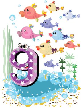 Balık ve deniz hayvanlarının gösterimi, 9 numara, vektör illüstrasyonu
