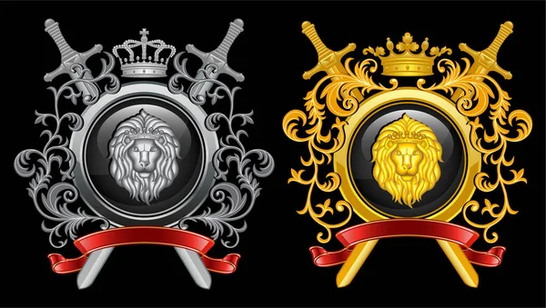 Corona Oro Escudo Con Una Cabeza León Elemento Diseño Heráldico — Archivo Imágenes Vectoriales