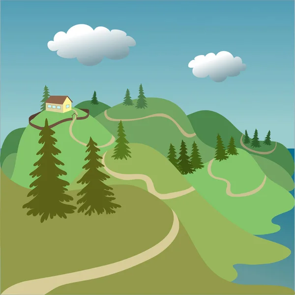 Vektor Illustration Bergslandskap Med Gröna Träd Kullar — Stock vektor