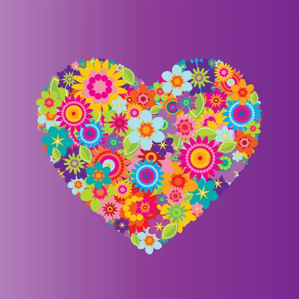 Heart with leaves and flowers on a purple gradient background