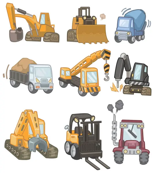 set of cartoon vector construction equipment, construction machinery, excavators isolated on white background