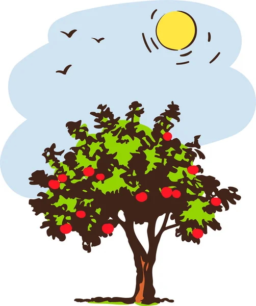 Ilustração Uma Árvore Com Uma Maçã Vermelha Fundo Branco — Vetor de Stock
