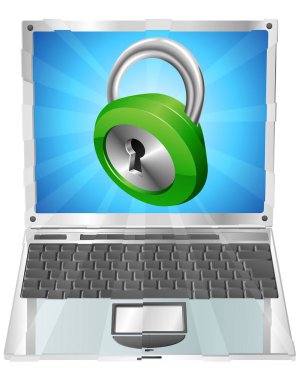 Kilitli bir laptop. 3 boyutlu illüstrasyon beyaz üzerine izole edildi.