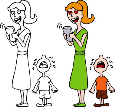 Anne, anne ve çocukların çizgi film ailesi, akıllı telefon kullanıyorlar.