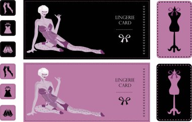 Üzerinde kız stili olan bir kart seti takım elbiseli ve elbiseli bir kız. vektör illüstrasyonu