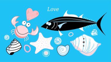 Sevimli balık ve aşk öğeleri seti