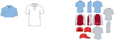 Beyaz arkaplanda izole edilmiş gömlek ve kazak koleksiyonu. 