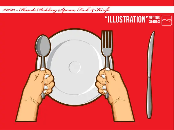 hands holding spoon and fork over white plate on red background