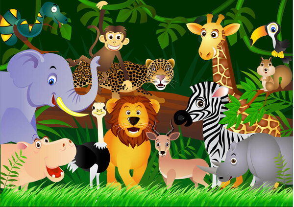 group of cute funny cartoon animals, vector illustration