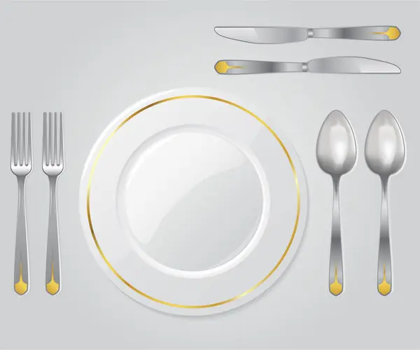 Vector Realistic Set White Cutlery Plate Gold Elements Isolated White — Stock Vector