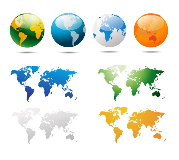 Kolorowe Zestawy Światowych Map Globusów — Wektor stockowy