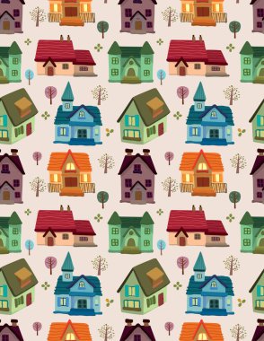 Çizgi film evleri olan şirin, kusursuz vektör deseni