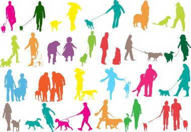 set of colourful silhouettes of people walking dogs. vector illustration