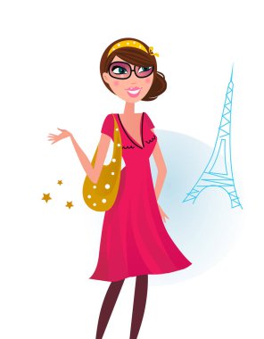 woman in red dress and Eiffel Tower on white background. vector illustration