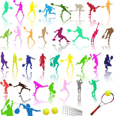 set of colourful silhouettes of tennis players on white background. vector illustration