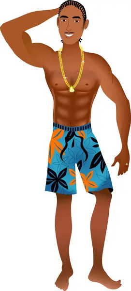 Illustration Vectorielle Beach Guy Athlétique Avec Chaîne Tresses — Image vectorielle