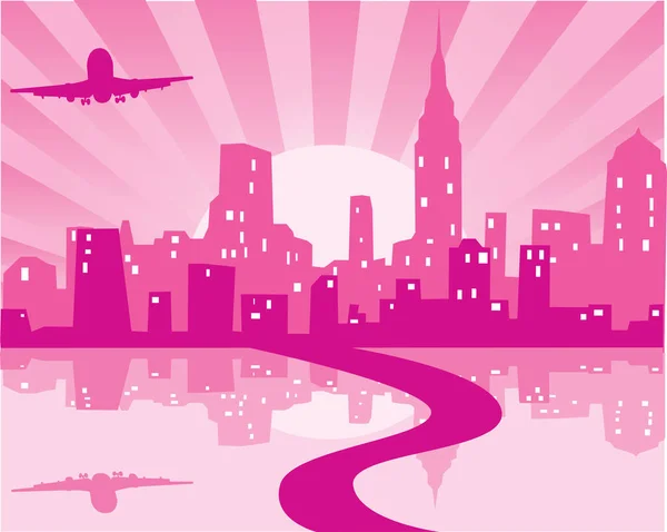 stock vector pink city skyline with a silhouette of a city