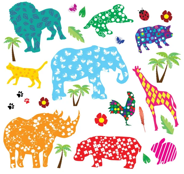 set of colourful silhouettes of wild animals on white background. vector illustration