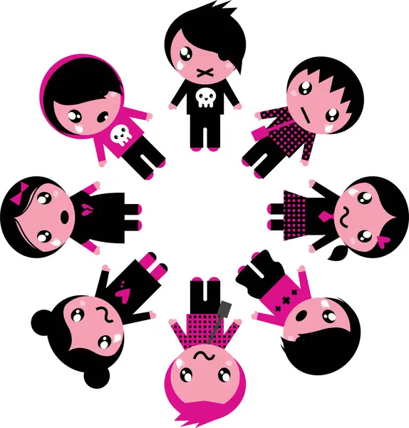 Vektorová Ilustrace Emo Kluků Dívek Kruhu — Stockový vektor