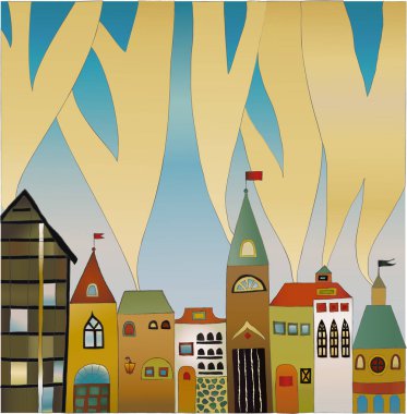 Sarı ve mavi gökyüzü olan güzel bir manzaradaki şehir binaları.