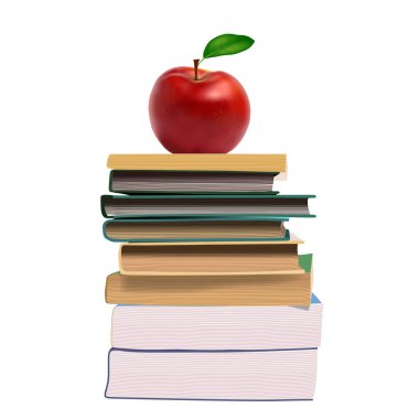 Beyaz üzerinde elma izole kitap yığını