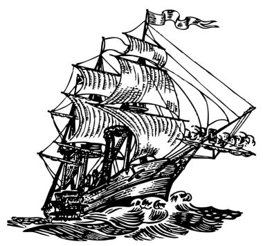 Yelkenli tekne, eski oyma resimler.