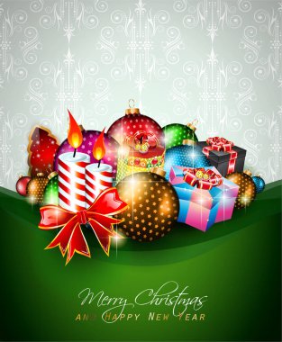 Mutlu noeller ve Noel baloları ve mumlarla dolu mutlu yeni yıl tebrik kartları. vektör illüstrasyonu