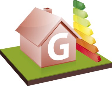 ev simgesi enerji verimliliği engelleme derecesine sahip, 3D görüntüleme beyaz arkaplan üzerinde izole