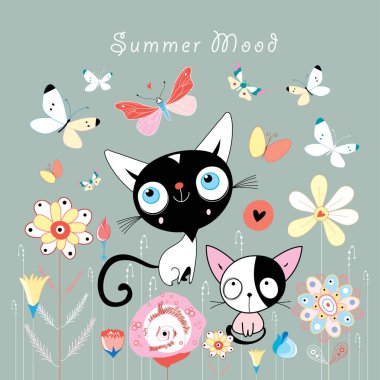 Çiçekli ve kelebekli sevimli kedi yavruları.