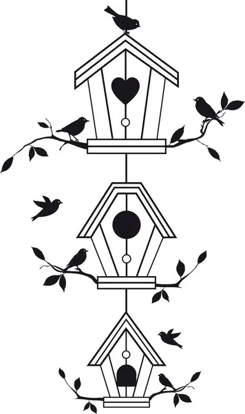 Птичьи Домики Маленькими Птицами Ветвях Деревьев — стоковый вектор
