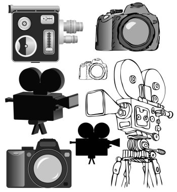 vektör set film kamerası, film makarası, sinema ve diğer ekipmanlar.