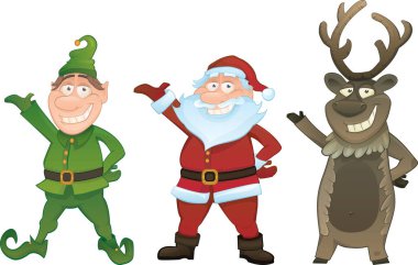 Bir grup komik Noel Baba ve geyik. Yılbaşı tebrik kartı. Beyaz arkaplanda 10 izole vektör illüstrasyonu.