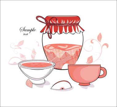 Çay fincanları ve reçel kavanozunun el çizimi. vektör.