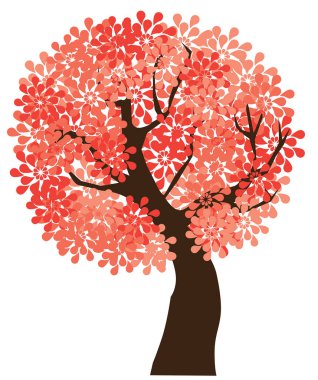 Beyaz arkaplanda kırmızı çiçekli ağaç