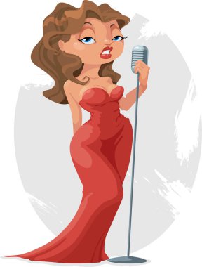 Kırmızı mikrofonda şarkı söyleyen kız. vektör illüstrasyonu