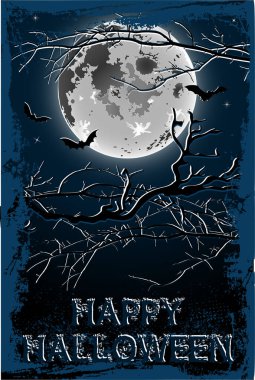 Cadılar Bayramı kartı, dolunay ve gece yarasalar.