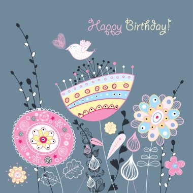 Güzel çiçekler ve kelebeklerle dolu mutlu yıllar kartı. vektör