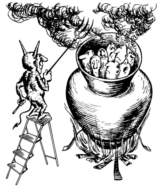 Illustration Devil Cooking Group People Vase — Stock Vector