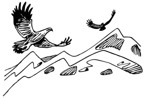 illustration with black birds flying over mountains