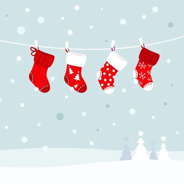 Merry Christmas Greeting Card Socks Hanging Rope — Stock Vector