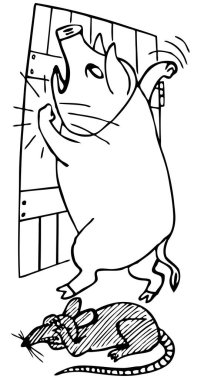 Kapıyı açmaya çalışan fareli komik bir domuzun çizgi film çizimi 