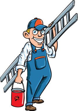 Elinde merdiven tutan bir çizgi film adamı.