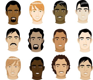 12 farklı erkek yüzlerini vektör çizim. 