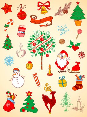 Bir dizi Noel elementi. Vektör illüstrasyonu.